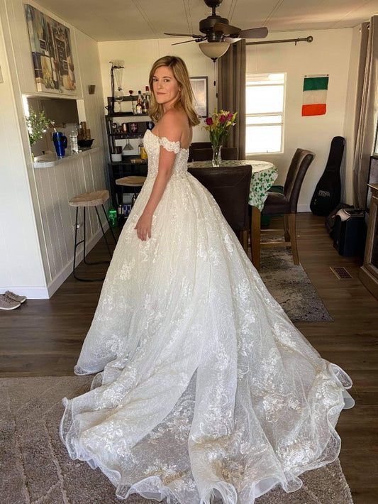 Elegant Off-The-Shoulder Beaded Lace A-line Bridal Gown