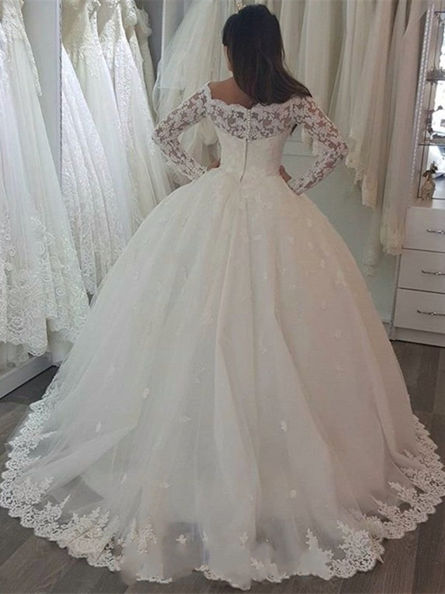Elegant Off-the-Shoulder Wedding Gown with Long Sleeves and Lace Appliques