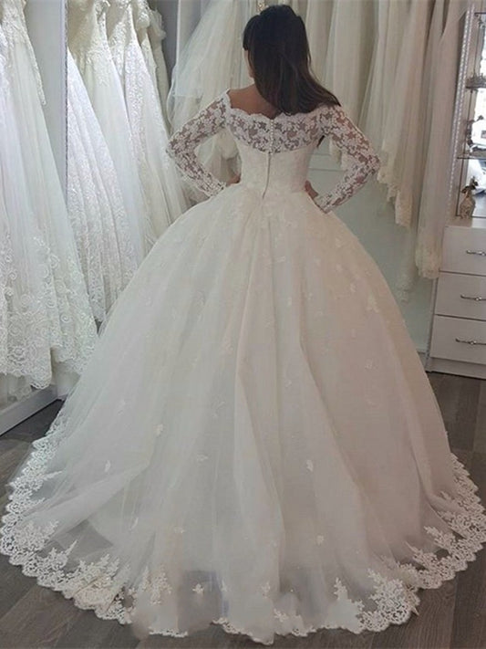 Elegant Off-the-Shoulder Wedding Gown with Long Sleeves and Lace Appliques