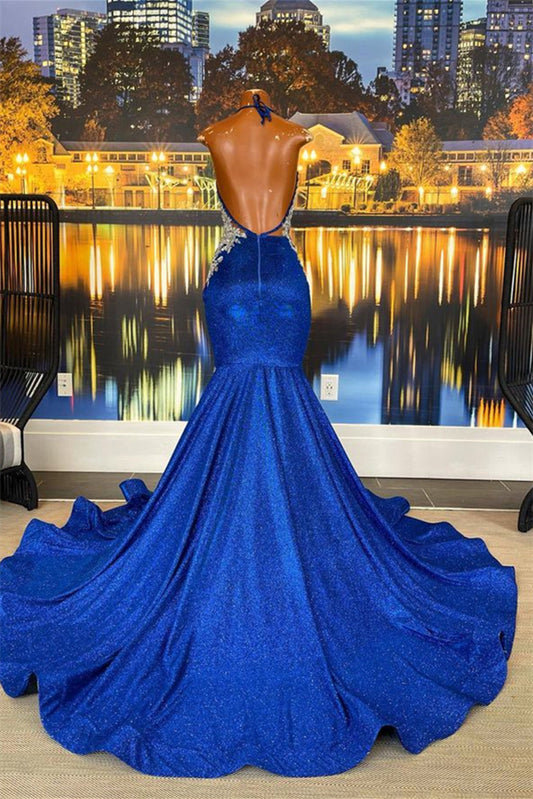 New Arrival Royal Blue Halter Prom Dress Mermaid Sleeveless With Appliques