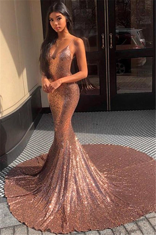 Charming Spaghetti-Straps Shinning Sequined Prom Dress Mermaid Sleeveless