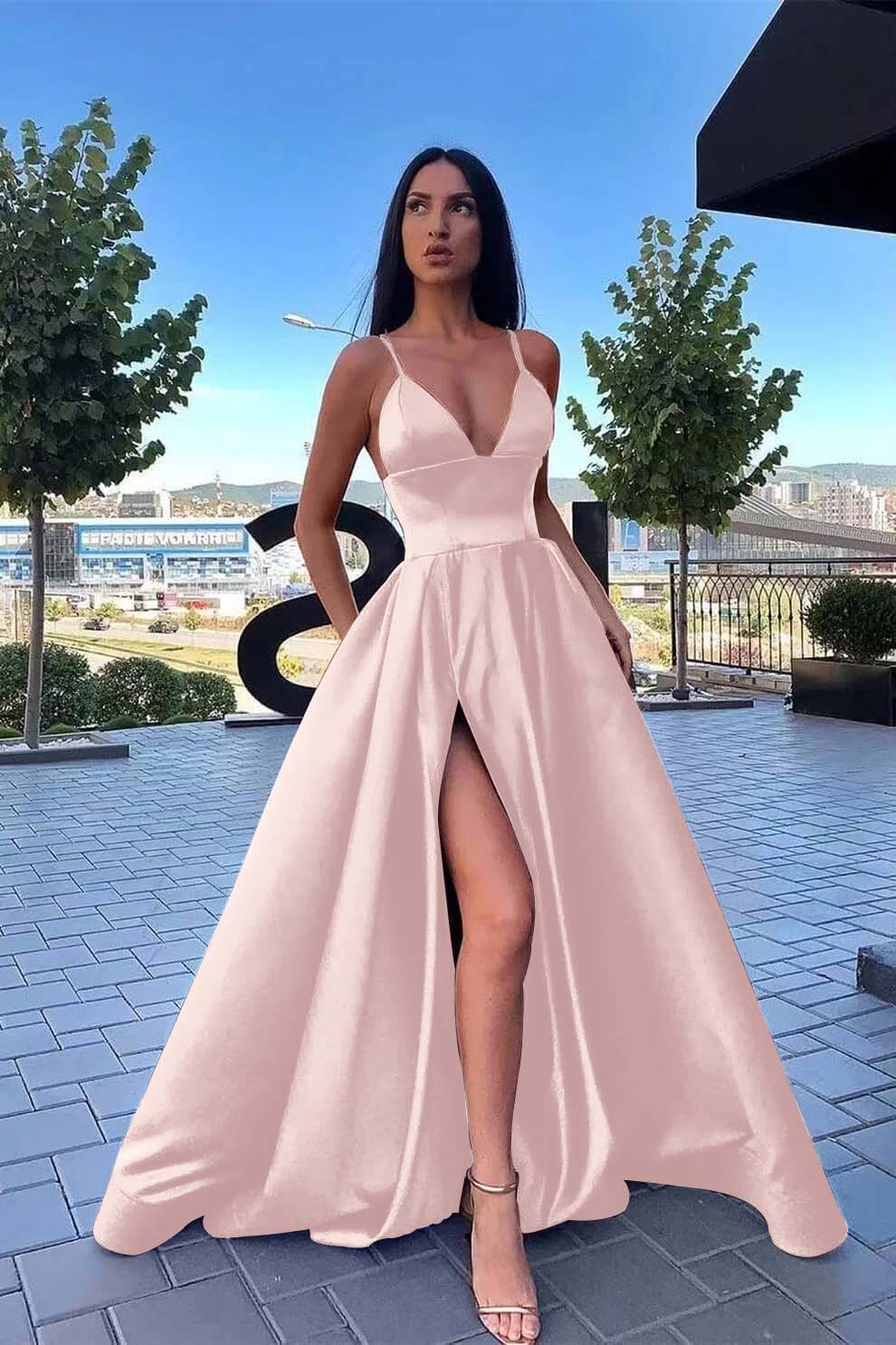  Elegant Burgundy Evening Dress Spaghetti-Straps A Line Split with Pockets