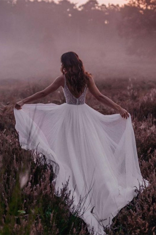 Sleeveless V-Neck Wedding Dress with Sequins and Tulle
