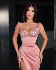 Beautiful Pink Prom Dress Sequins Spaghetti Strap With Slit Satin
