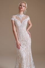 Elegant High-neck Long Lace Mermaid Wedding Dress With Sleeves