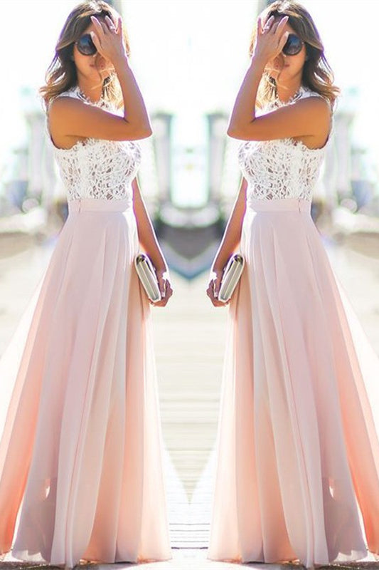 White and Pink Long Chiffon Prom Dress Sleeveless With Lace