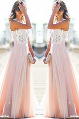 White and Pink Long Chiffon Prom Dress Sleeveless With Lace
