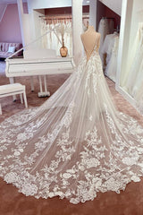 Backless A-Line Wedding Dress with Spaghetti Straps and Lace Appliques in Tulle