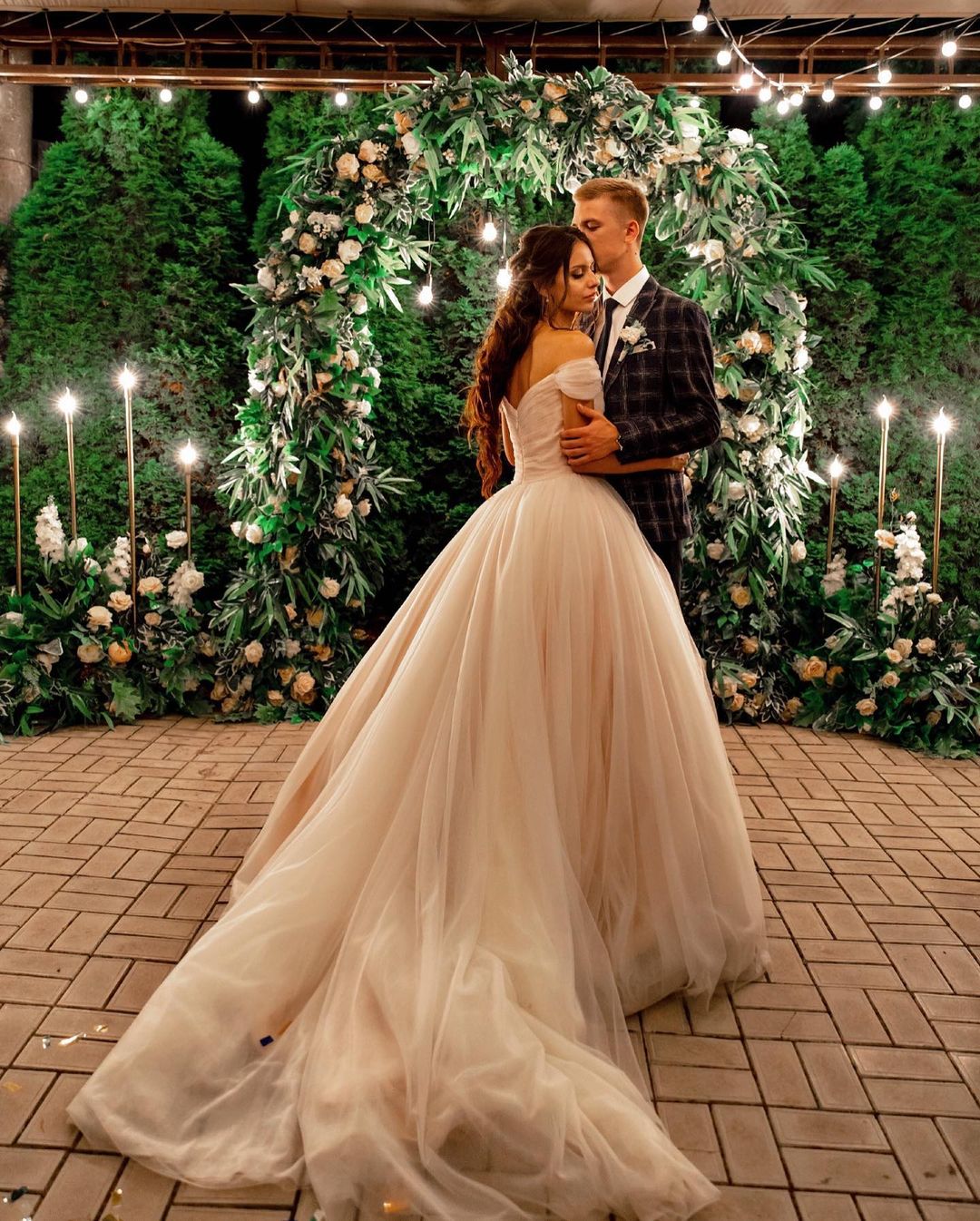 Elegant A-line Long Tulle Wedding Gown with Off-the-shoulder Neckline and Chapel Train