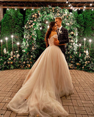 Elegant A-line Long Tulle Wedding Gown with Off-the-shoulder Neckline and Chapel Train