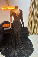 Modern Black One Shoulder Long Sleeve Prom Dress Mermaid Sequins With Beadings