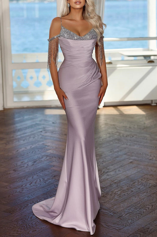 Elegant Lavender Long Prom Dress Spaghetti Strap with Pleated Sequins Tassel
