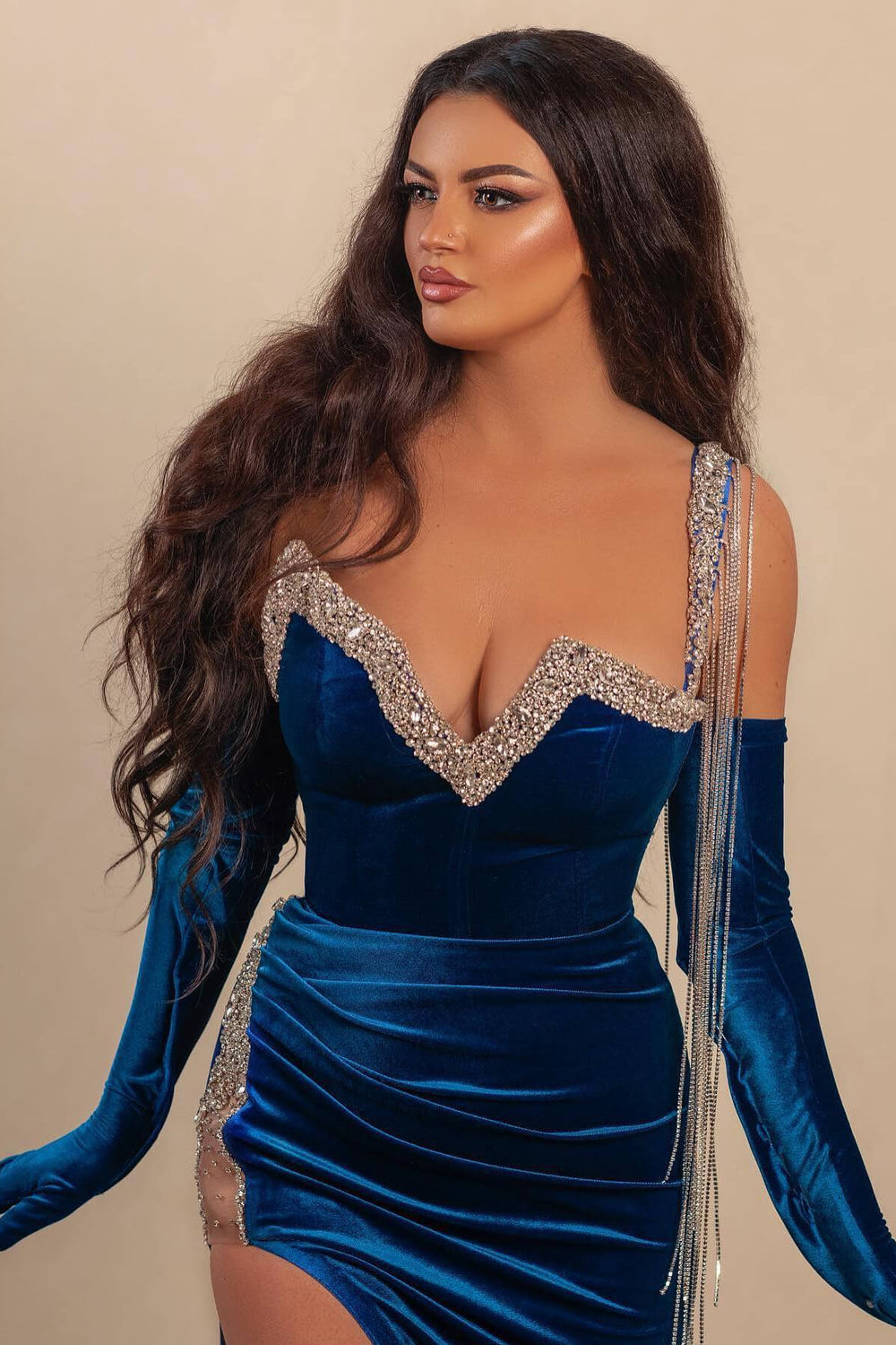 Stunning Blue One Shoulder Straps Evening Prom Dresss Mermaid Velvet Split With Beads
