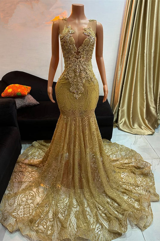Modern Gold Scoop Sleeveless Prom Dress Mermaid Long With Beadings Sequins