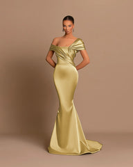 Grey Evening Dress Off-the-Shoulder Bateau Pleated Gown