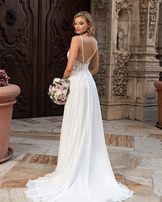 Chiffon Wedding Dress with Elegant Long Lace and A-line Split V-neck