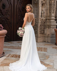 Chiffon Wedding Dress with Elegant Long Lace and A-line Split V-neck