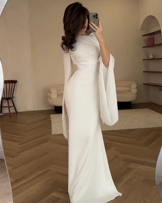 Elegant Ivory Evening Dress Chiffon Long Sleeves Mermaid Dress