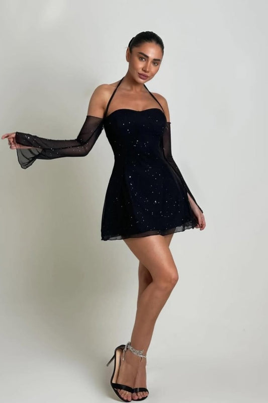 Black Halter Short Tulle Prom Dress A-Line Long Sleeves with Sequins