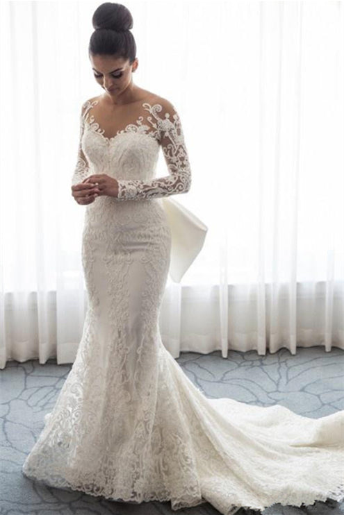 Stunning Mermaid Lace Wedding Gown with Long Sleeves and Detachable Bowknot Skirt