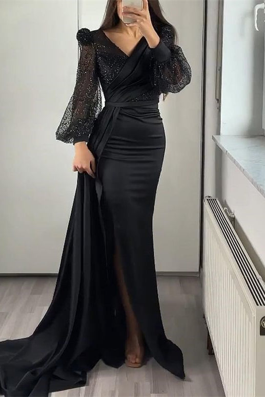 Classy Long Sleeves V-Neck  Mermaid Prom Dress Long With Ruffles Sequins