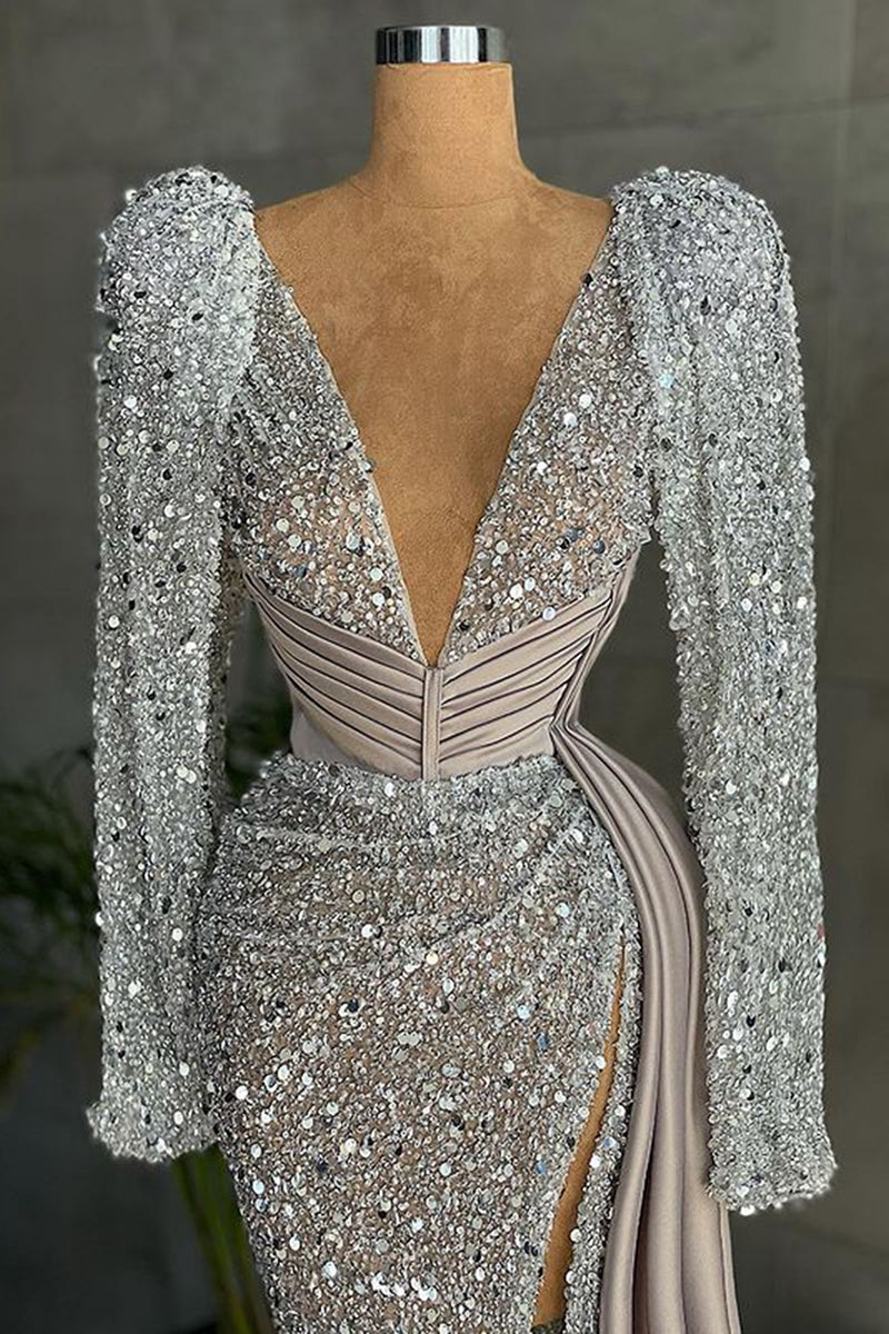 New Arrival V-Neck Long Sleeves Prom Dress Sequins With Slit