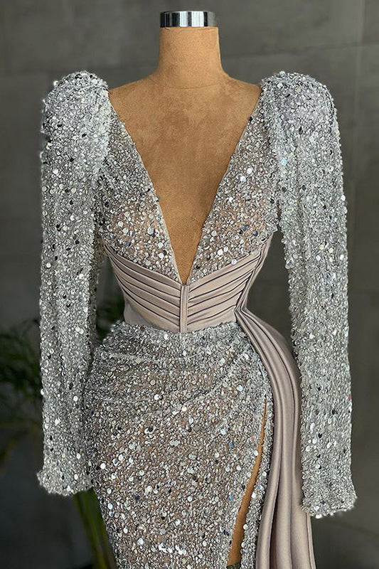 New Arrival V-Neck Long Sleeves Prom Dress Sequins With Slit
