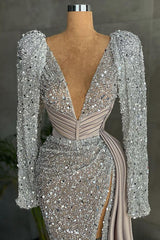 New Arrival V-Neck Long Sleeves Prom Dress Sequins With Slit