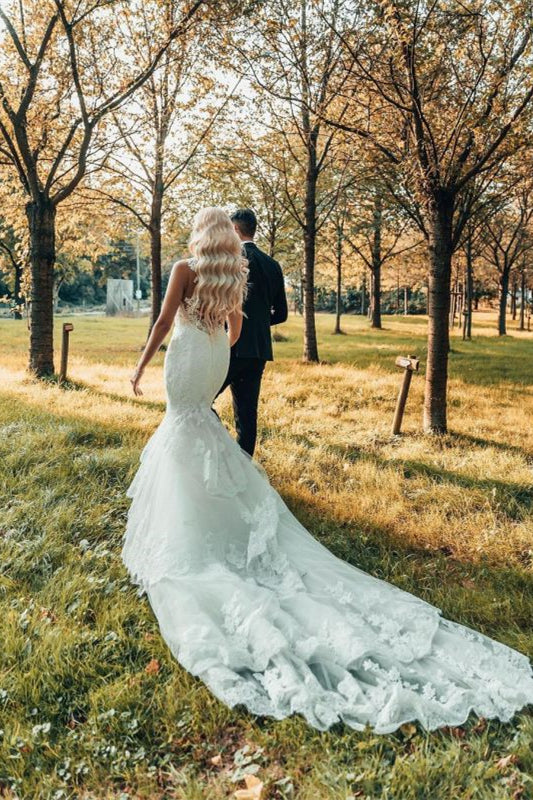 Mermaid Wedding Dress in Lace With Sleeveless Design and Chapel Train