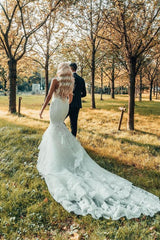 Mermaid Wedding Dress in Lace With Sleeveless Design and Chapel Train