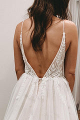 Elegant V-neck A-line Long Wedding Dress with Open Back and Lace Tulle Slit