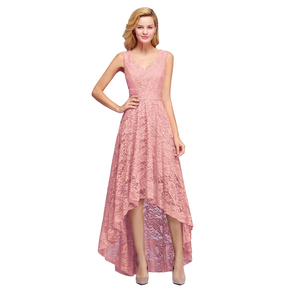 RjerStore Burgundy A-line Hi-lo V-neck Lace Dresses