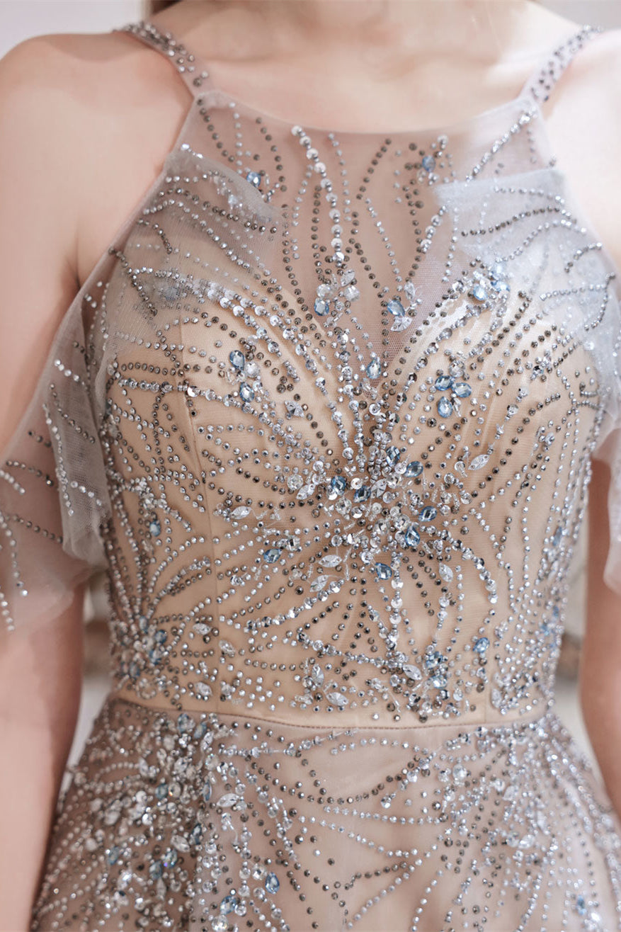 Gorgeous Halter Sleeveless Prom Dress Tulle With Beadings Crystals