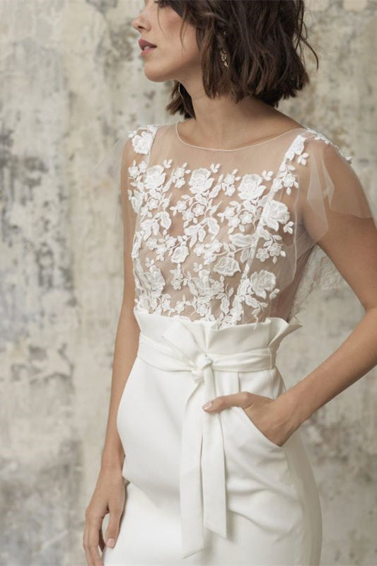 Bateau Wedding Dress with Applique Short and Belt Pocket