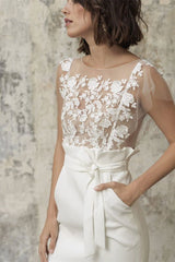Bateau Wedding Dress with Applique Short and Belt Pocket