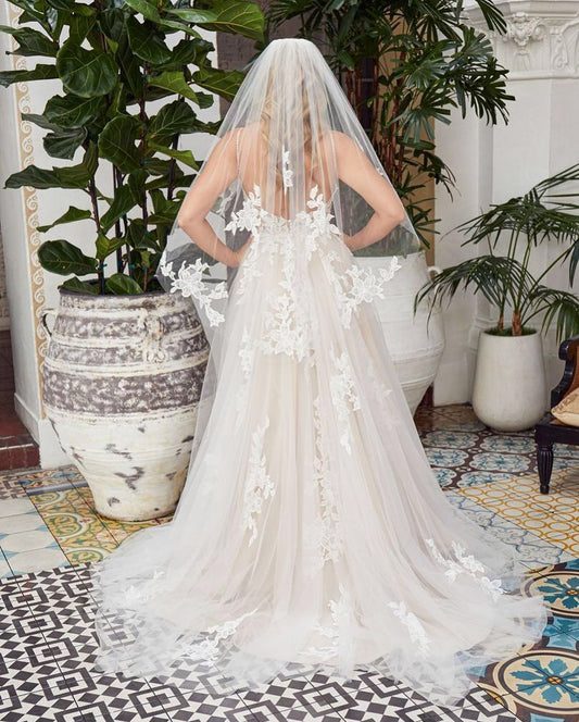Elegant Long V-neck A-line Tulle Wedding Dress Featuring Lace Open Back