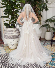 Elegant Long V-neck A-line Tulle Wedding Dress Featuring Lace Open Back