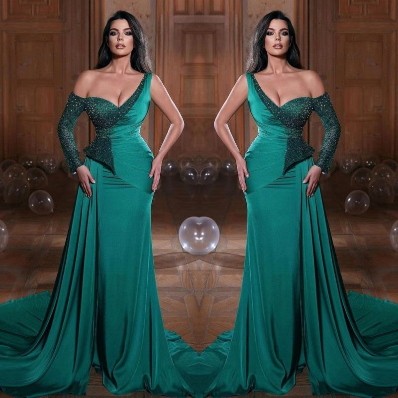 Gorgeous Emerald Green Mermaid Prom Dress One Shoulder Sequins Long Sleeves