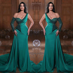 Gorgeous Emerald Green Mermaid Prom Dress One Shoulder Sequins Long Sleeves