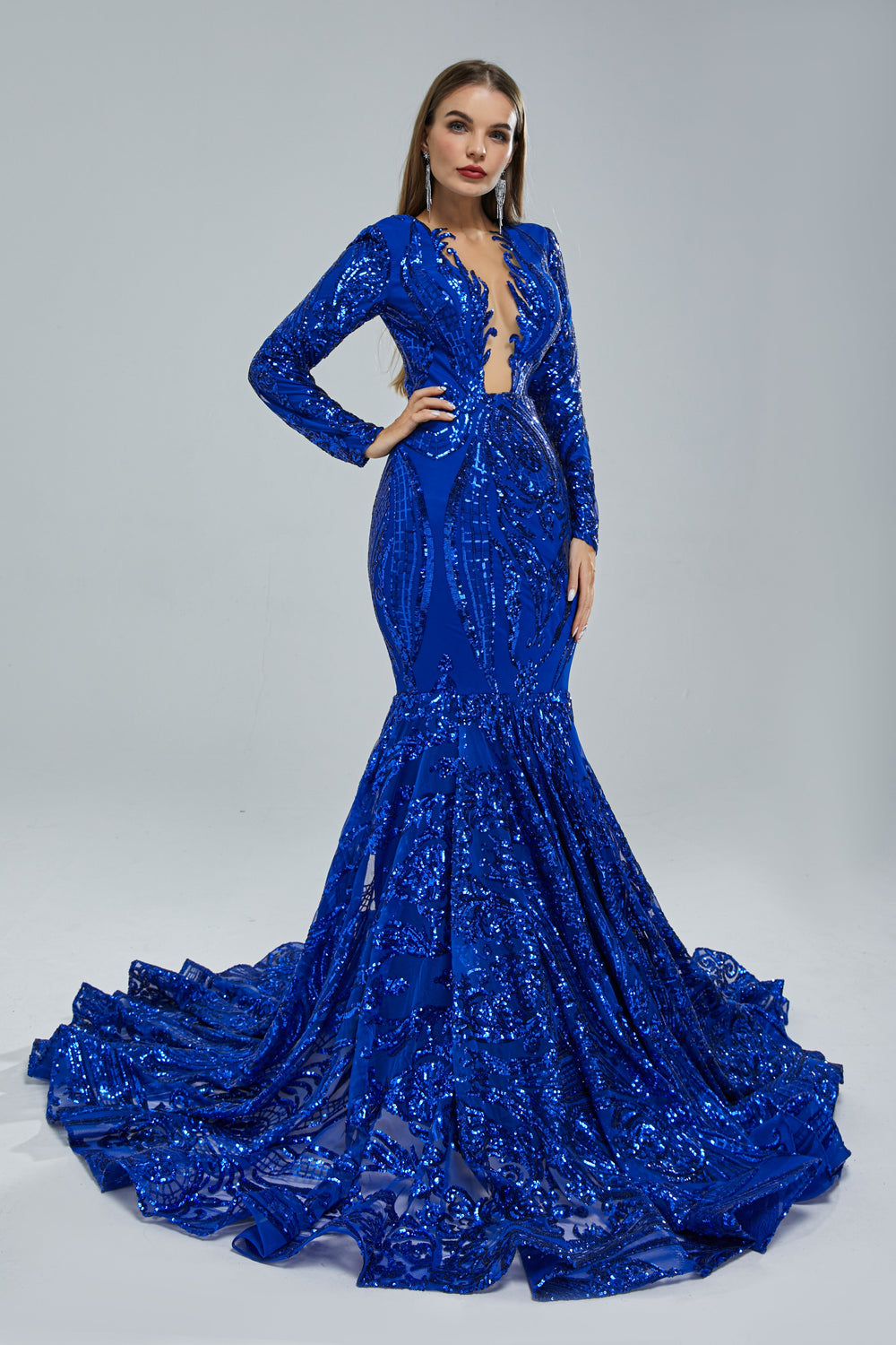 Gorgeous Royal Blue Long Sleeves Prom Dress Mermaid Sequins Online