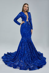 Gorgeous Royal Blue Long Sleeves Prom Dress Mermaid Sequins Online