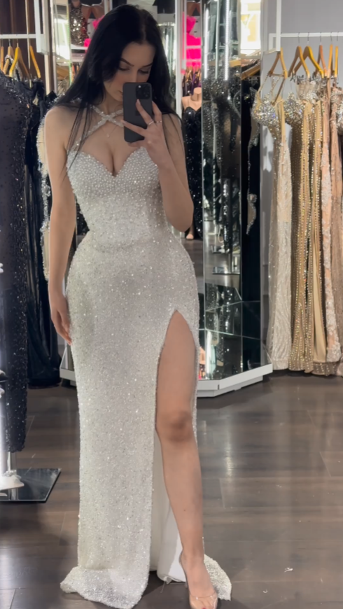 New Arrival White Halter Pearls Prom Dress Mermaid High Split With Sequins
