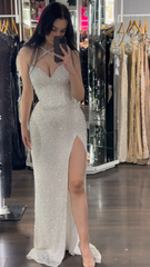 New Arrival White Halter Pearls Prom Dress Mermaid High Split With Sequins