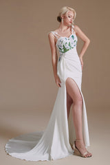 Elegant Satin Mermaid Wedding Gown with Spaghetti Straps, Open Back, and Slit
