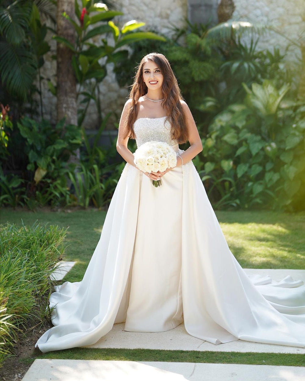 Strapless Sleeveless White Long Wedding Dress with Slit and Sequins