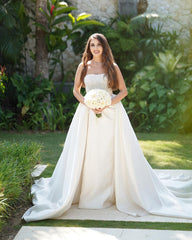 Strapless Sleeveless White Long Wedding Dress with Slit and Sequins
