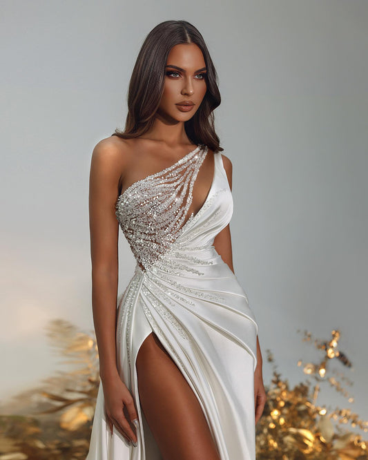 Fabulous One Shoulder One Shoulder Prom Dress High Split With Beads