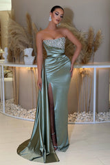 Amazing Dusty Sage Strapless Prom Dress Mermaid Slit Long With Beads