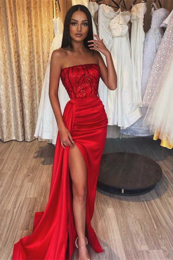 Modest Red Strapless Mermaid Prom Dress Sequins Split With Split