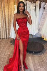 Modest Red Strapless Mermaid Prom Dress Sequins Split With Split